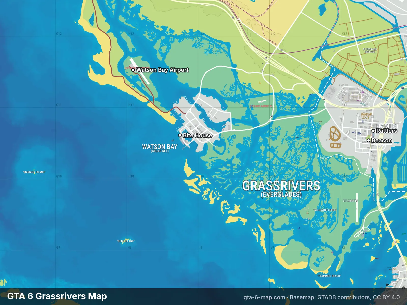 GTA 6 Grassrivers map with landmarks labelled