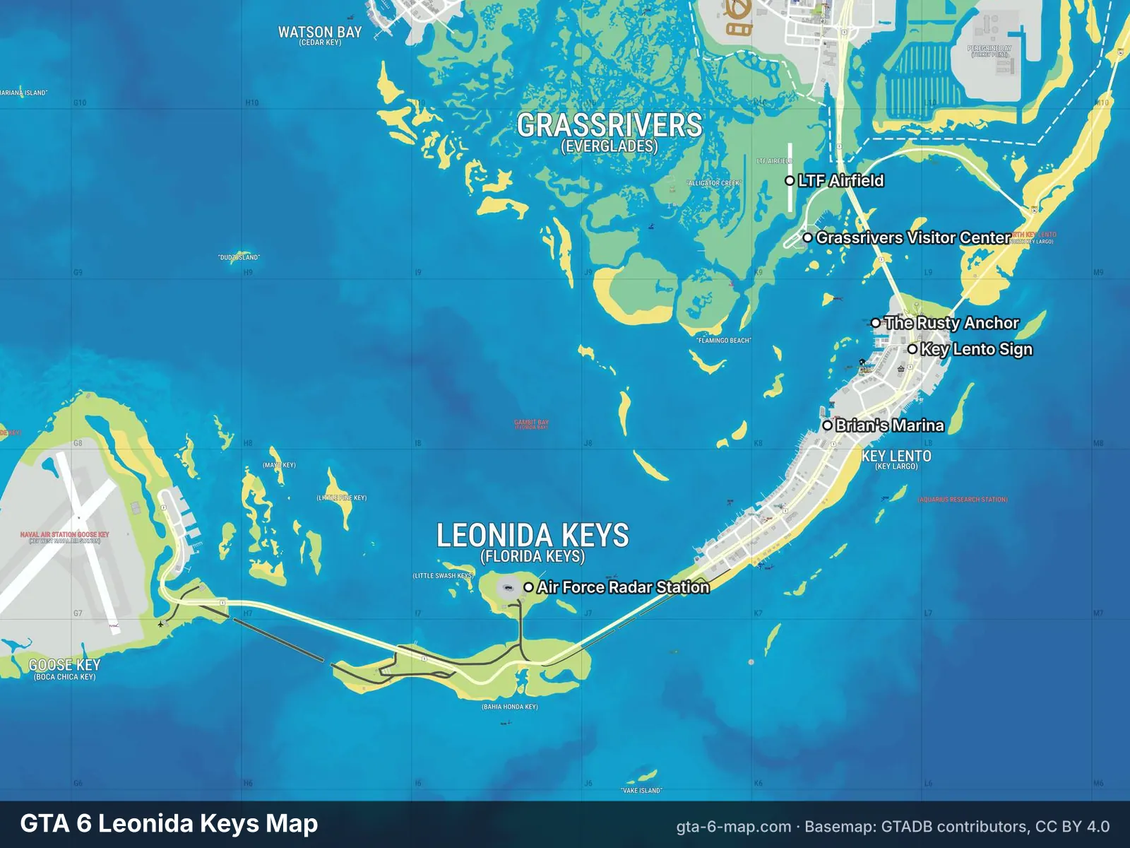 GTA 6 Leonida Keys map with landmarks labelled
