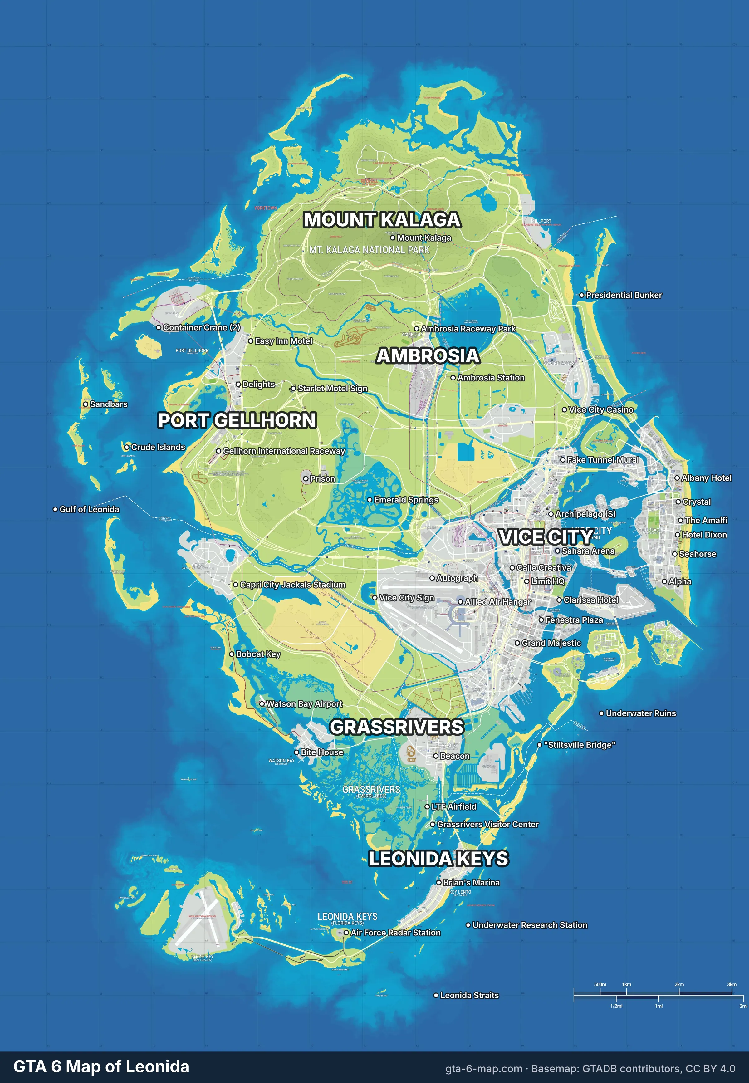The six regions of Leonida on the GTA 6 map