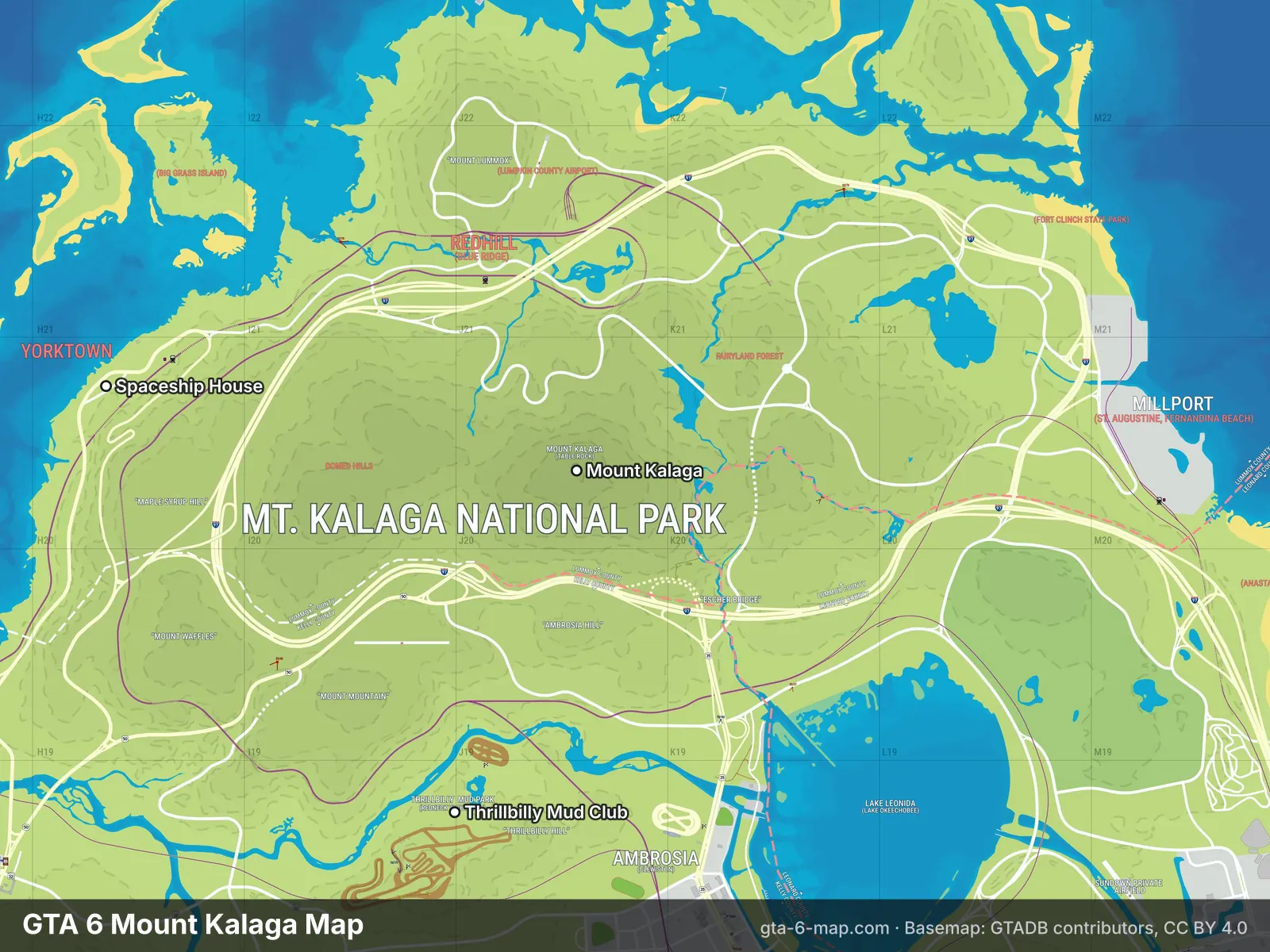 GTA 6 Mount Kalaga map with landmarks labelled