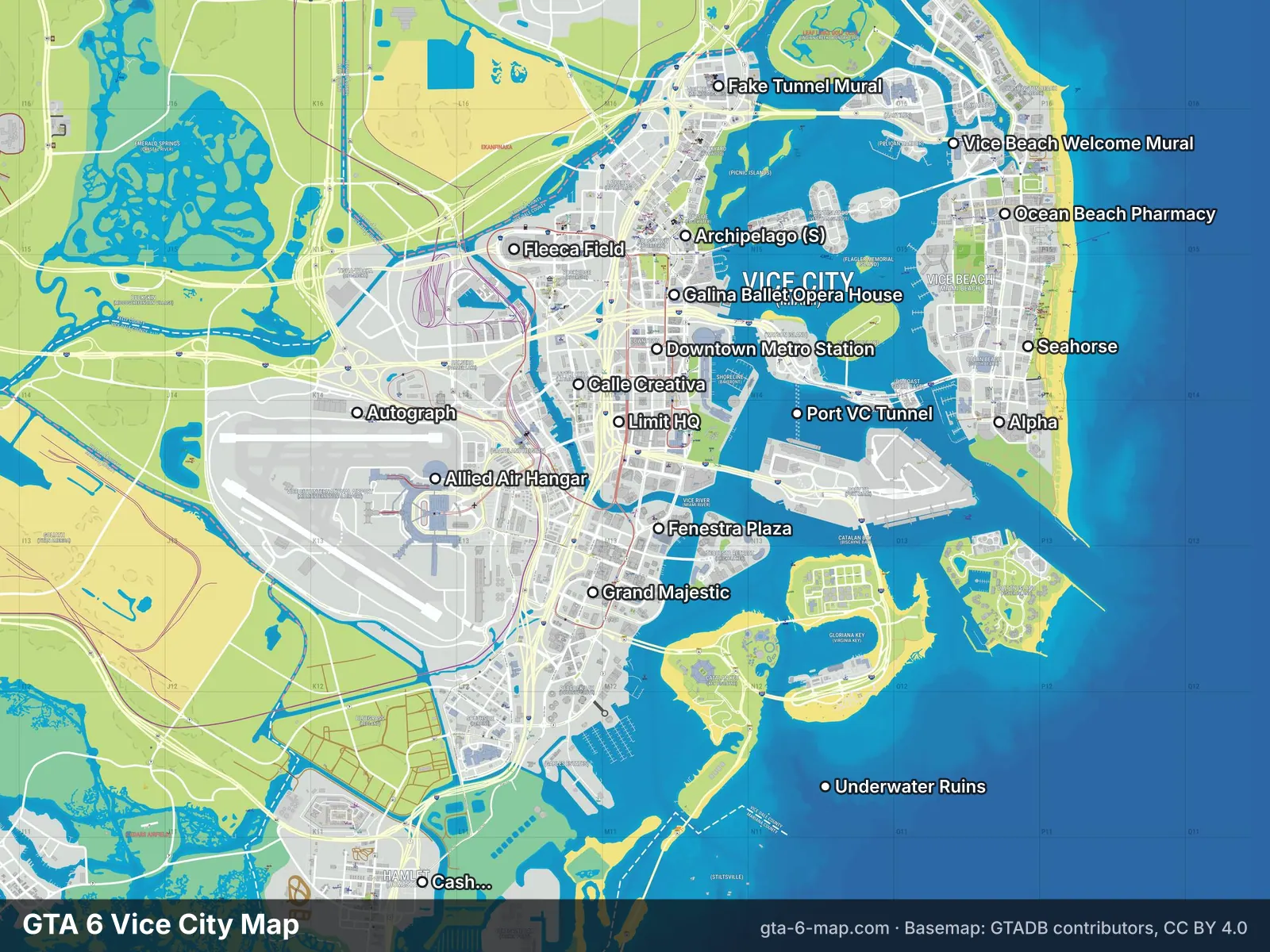 GTA 6 Vice City map with landmarks labelled